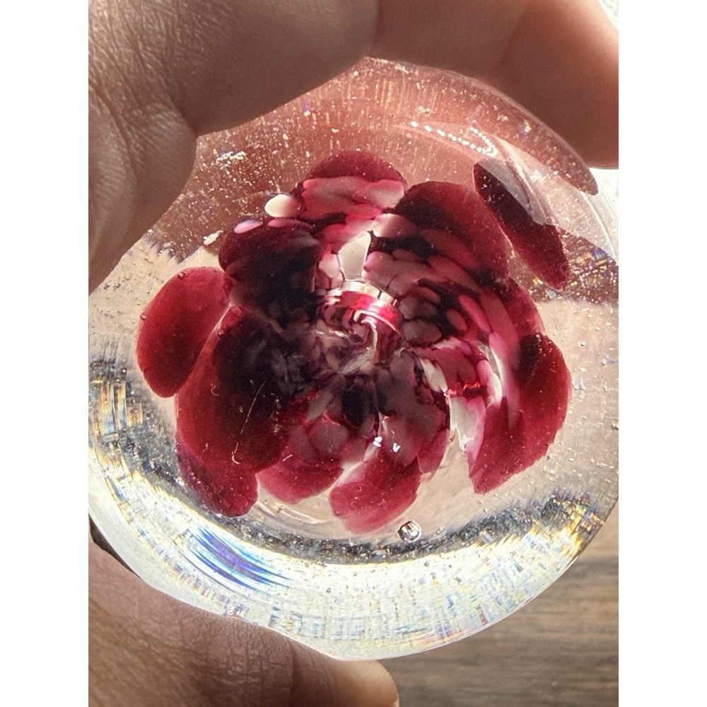 Vintage Round Hand Blown Art Glass Paperweight Colored Bubbled‎ Flower Suspended